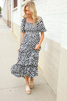First Love Black/White Abstract Print Smocked Neck Maxi Dress