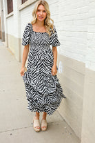 First Love Black/White Abstract Print Smocked Neck Maxi Dress