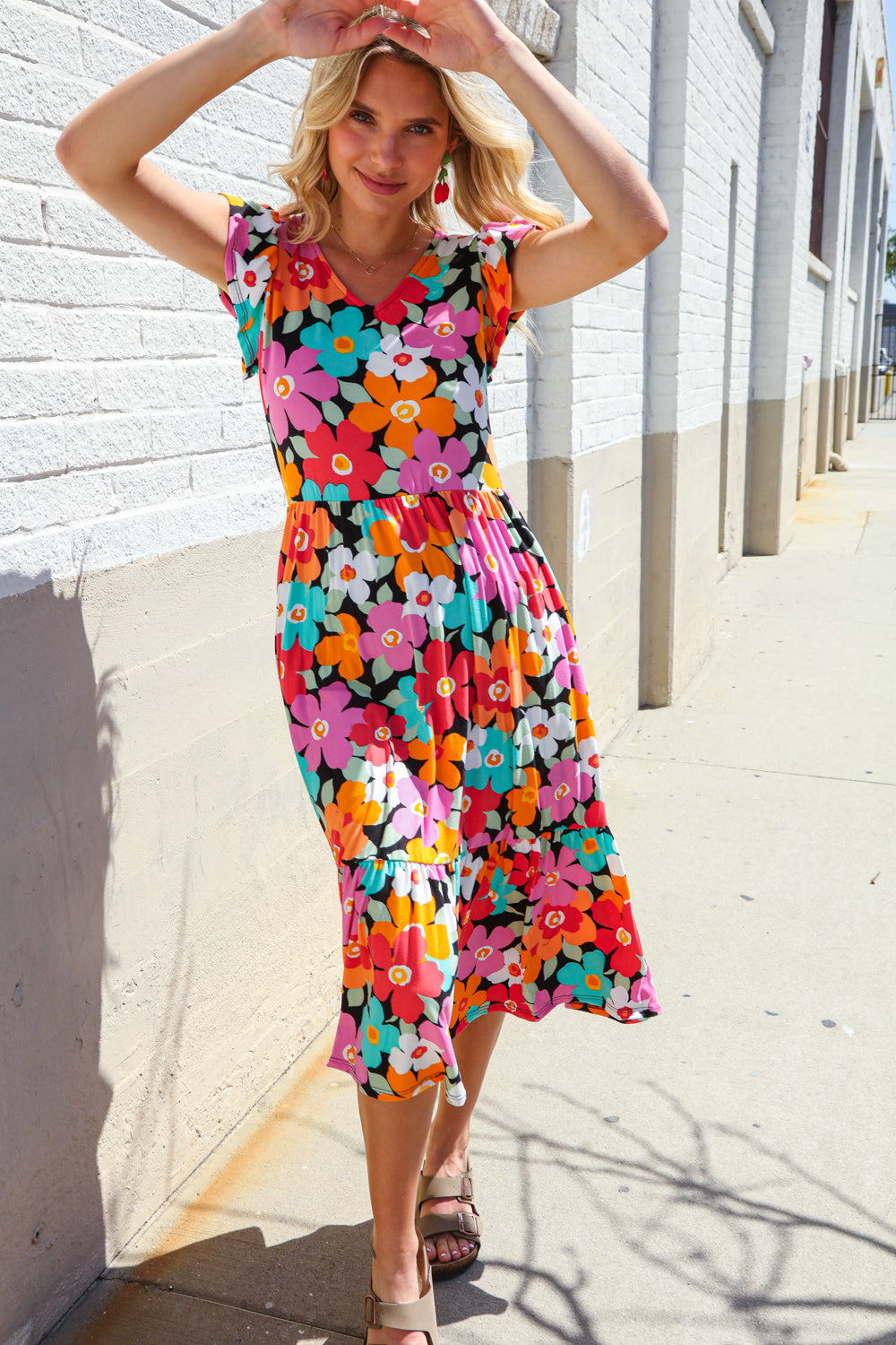 Haptics PLUS Feeling Femme Black & Multicolor Floral Print V Neck Midi Dress