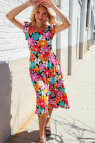 Haptics PLUS Feeling Femme Black & Multicolor Floral Print V Neck Midi Dress