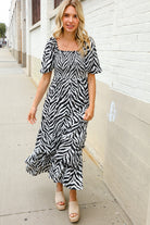 First Love Black/White Abstract Print Smocked Neck Maxi Dress