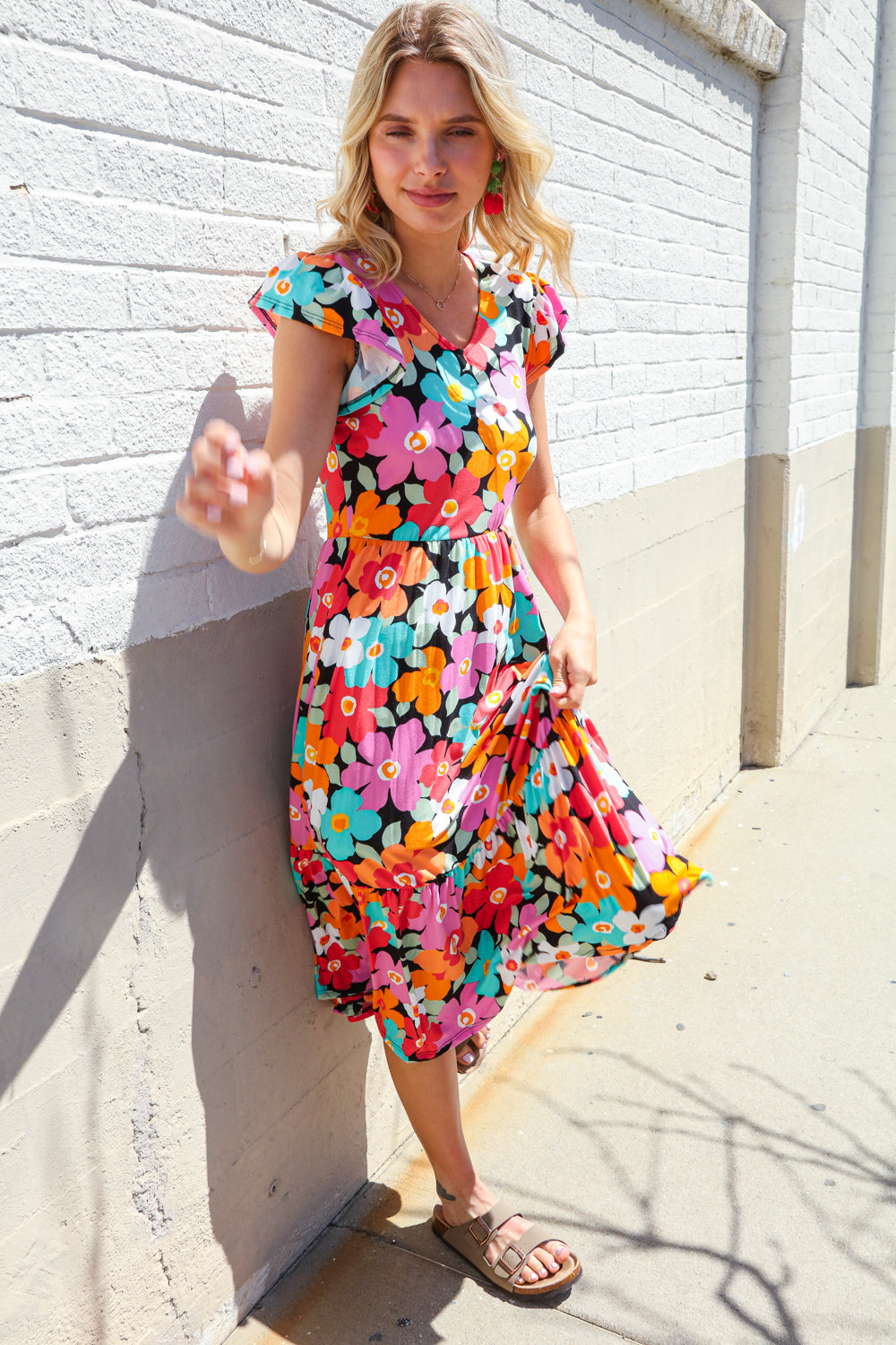Haptics PLUS Feeling Femme Black & Multicolor Floral Print V Neck Midi Dress