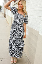 First Love Black/White Abstract Print Smocked Neck Maxi Dress