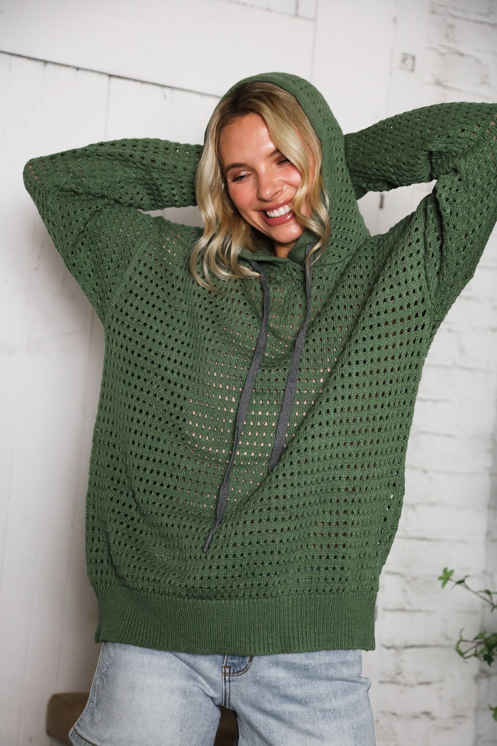 Haptics Fishnet Drawsting Olive Oversized Pullover Hoodie