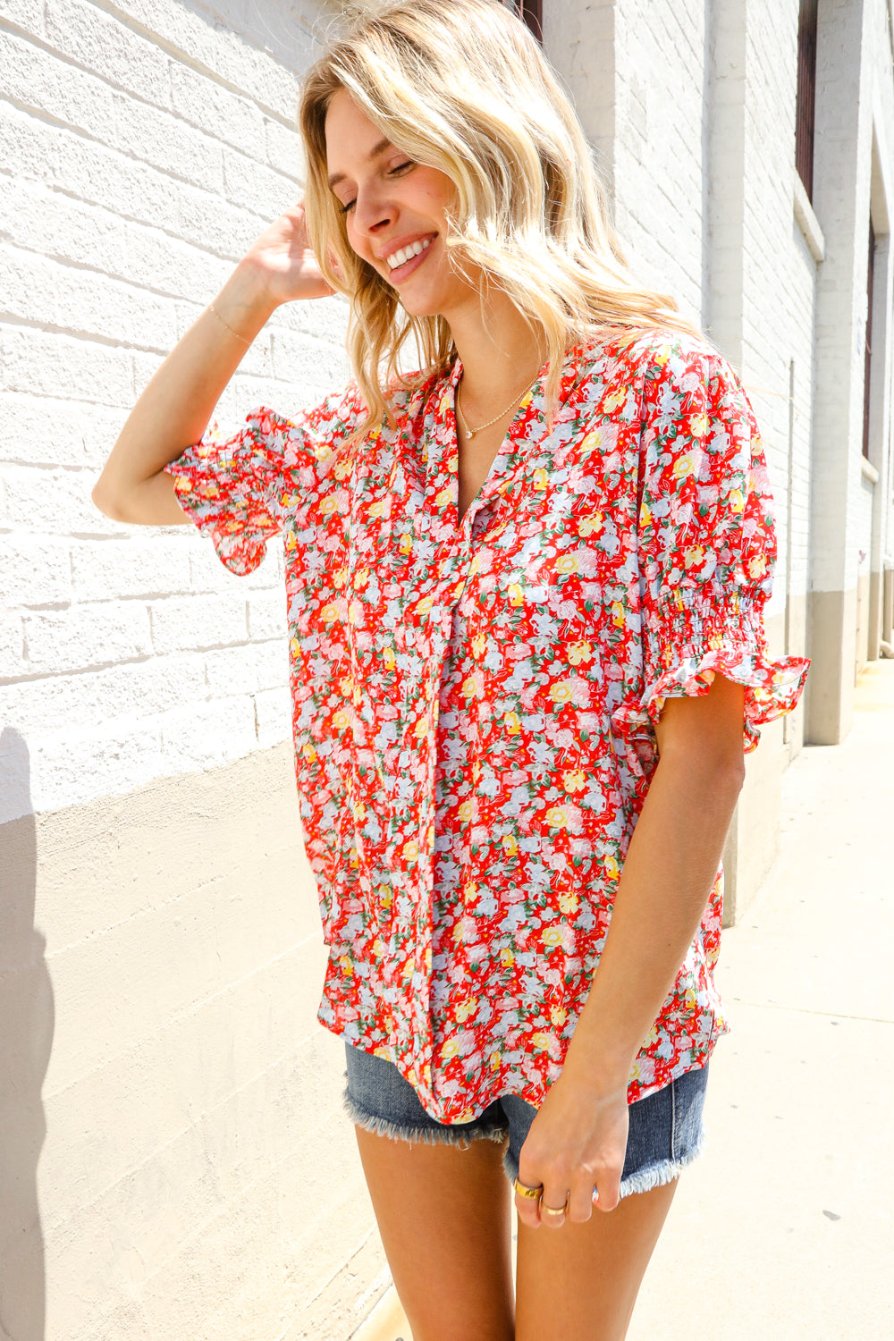 First Love Ruby Notched Neck Floral Smocked Sleeve Blouse