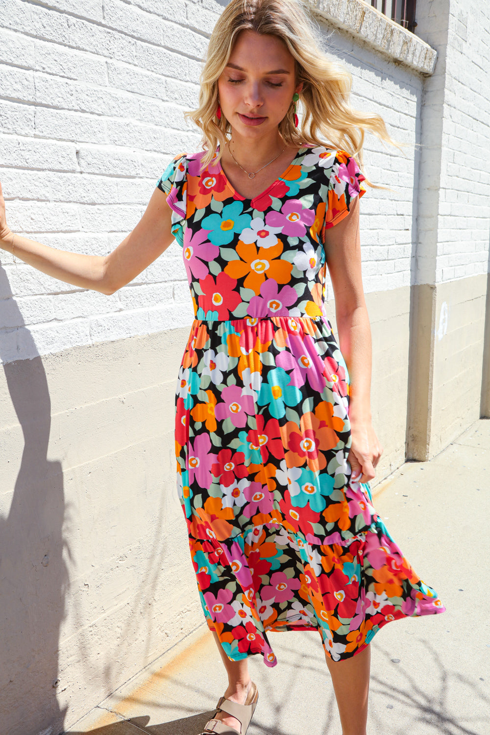 Haptics PLUS Feeling Femme Black & Multicolor Floral Print V Neck Midi Dress