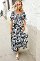 First Love Black/White Abstract Print Smocked Neck Maxi Dress