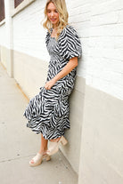 First Love Black/White Abstract Print Smocked Neck Maxi Dress