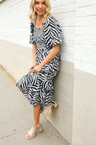 First Love Black/White Abstract Print Smocked Neck Maxi Dress