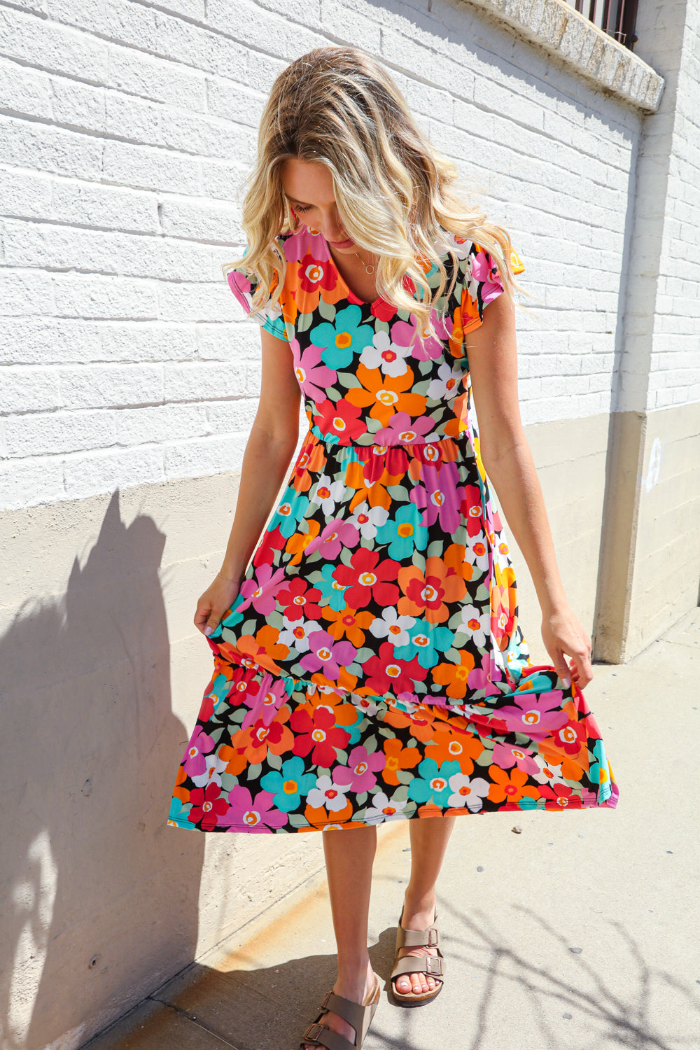 Haptics PLUS Feeling Femme Black & Multicolor Floral Print V Neck Midi Dress