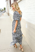 First Love Black/White Abstract Print Smocked Neck Maxi Dress