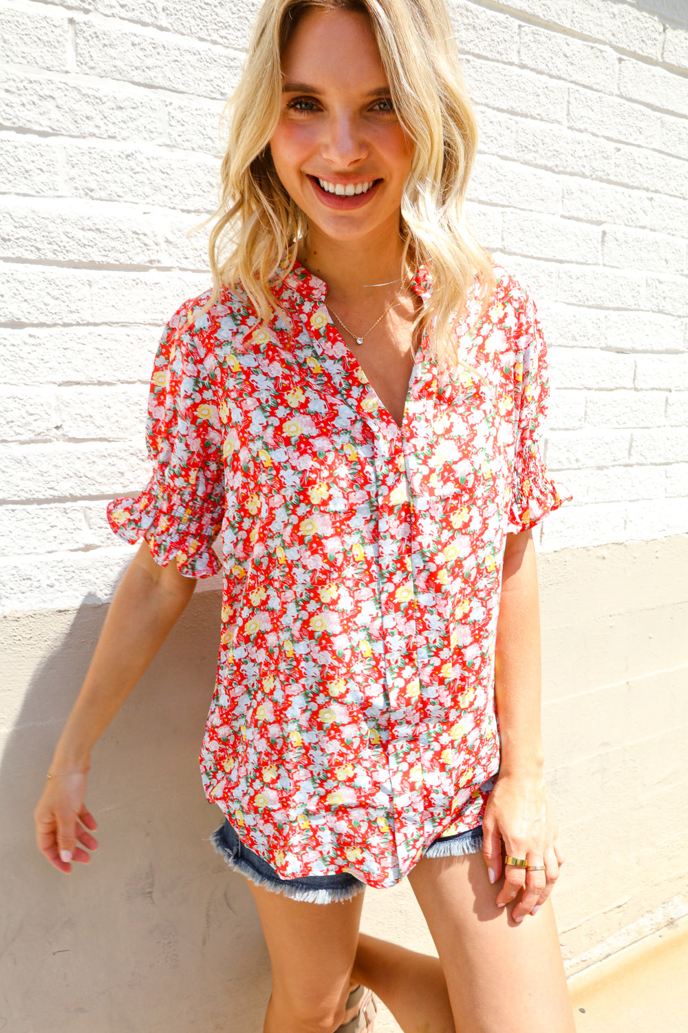 First Love Ruby Notched Neck Floral Smocked Sleeve Blouse