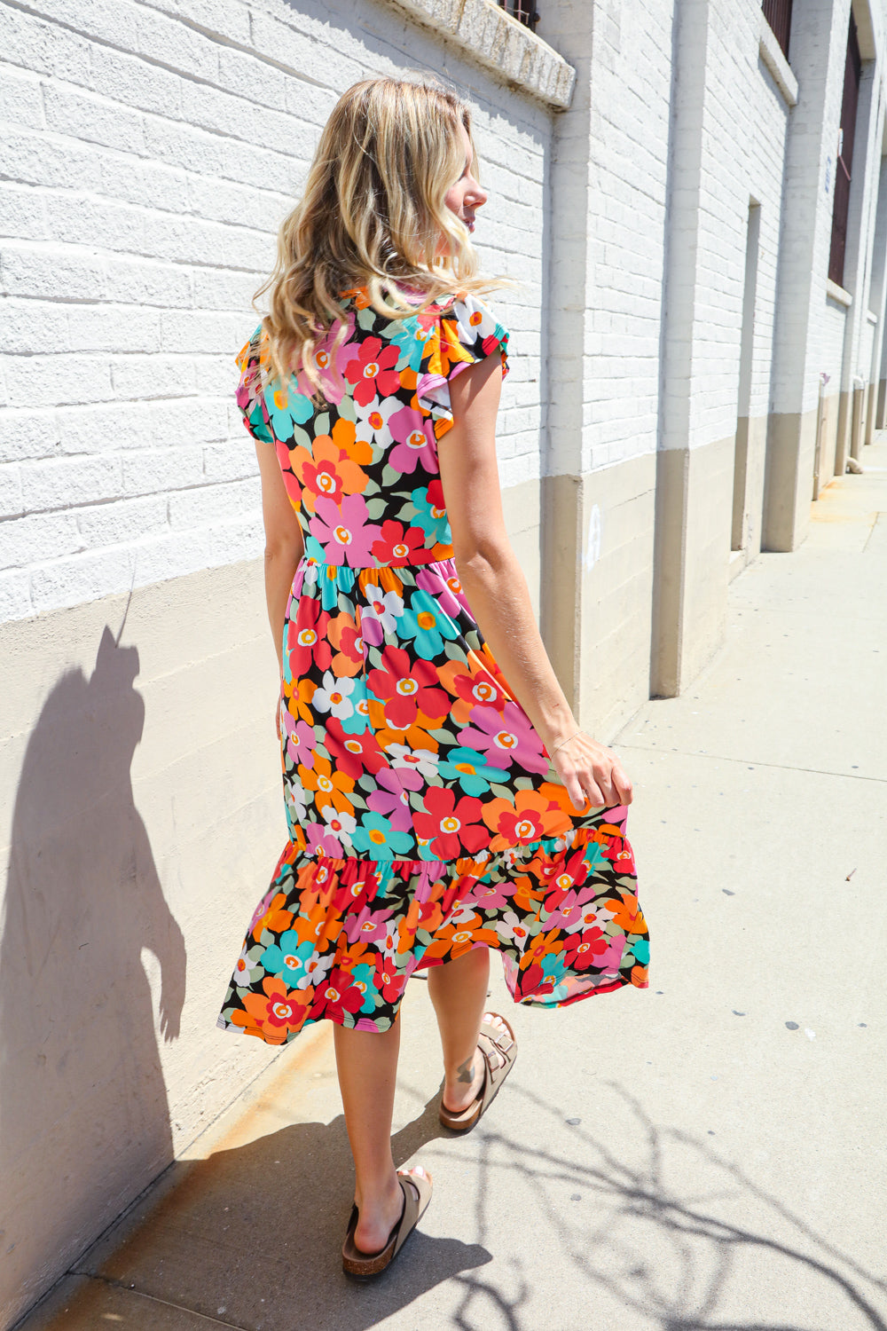 Haptics PLUS Feeling Femme Black & Multicolor Floral Print V Neck Midi Dress