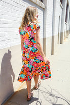 Haptics PLUS Feeling Femme Black & Multicolor Floral Print V Neck Midi Dress