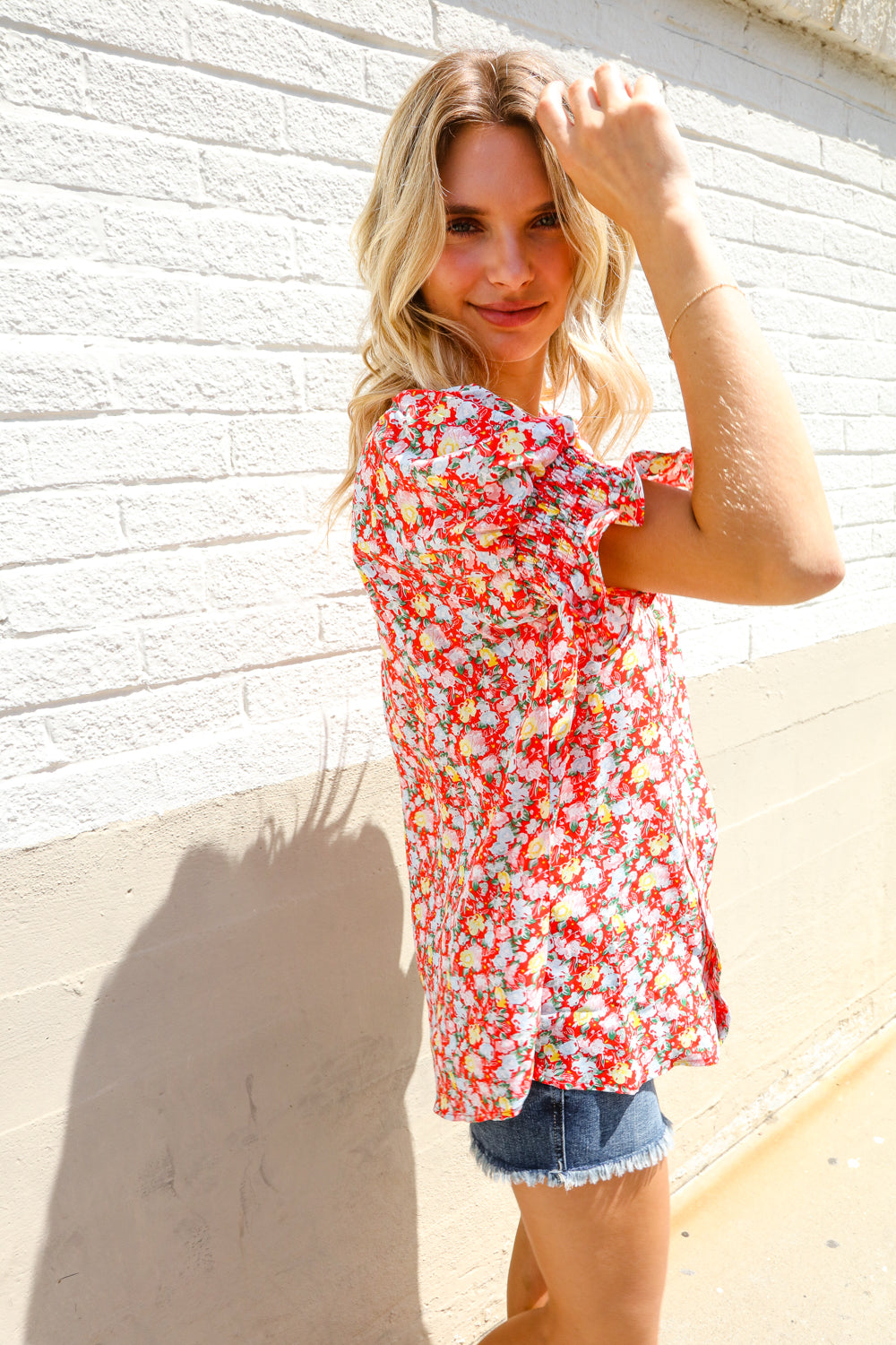 First Love Ruby Notched Neck Floral Smocked Sleeve Blouse