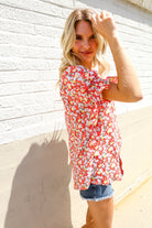 First Love Ruby Notched Neck Floral Smocked Sleeve Blouse