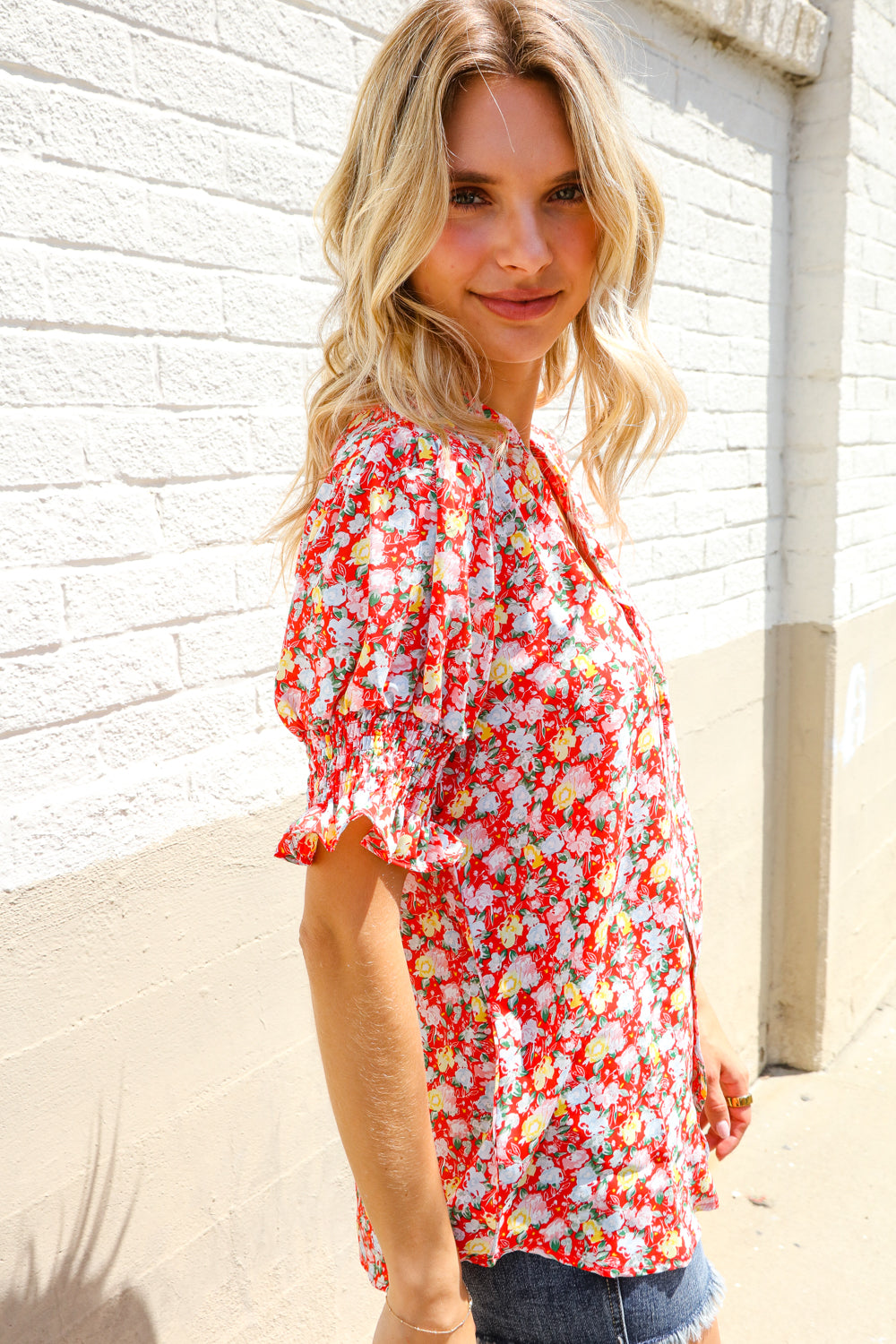 First Love Ruby Notched Neck Floral Smocked Sleeve Blouse