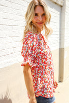First Love Ruby Notched Neck Floral Smocked Sleeve Blouse