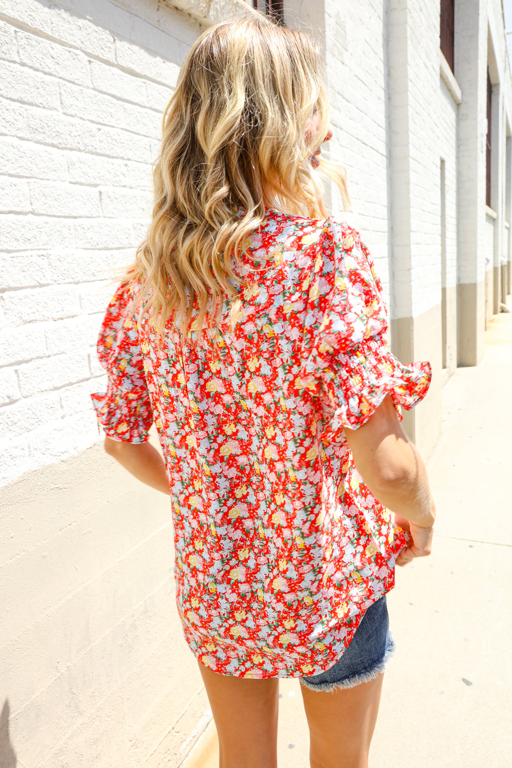 First Love Ruby Notched Neck Floral Smocked Sleeve Blouse