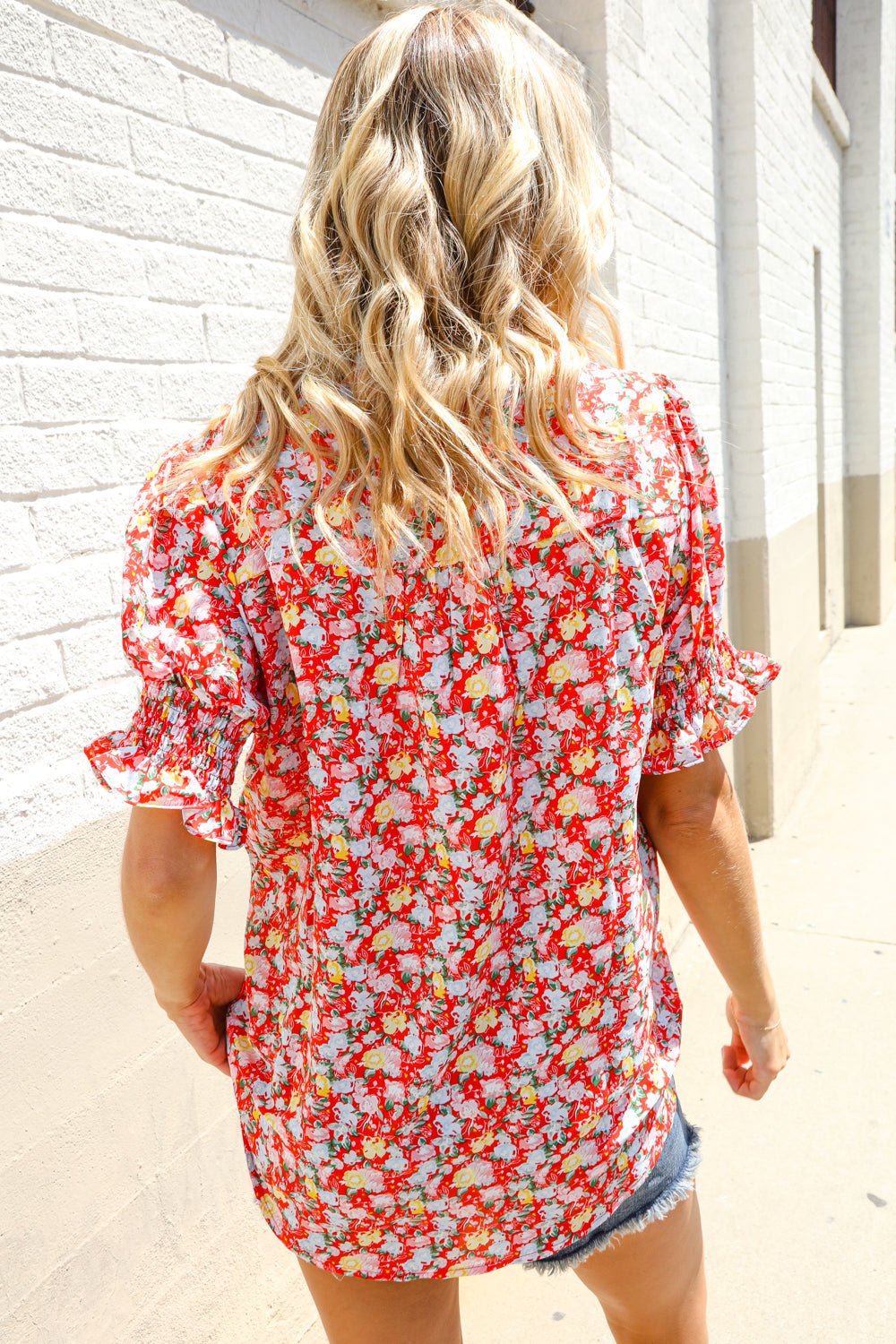 First Love Ruby Notched Neck Floral Smocked Sleeve Blouse