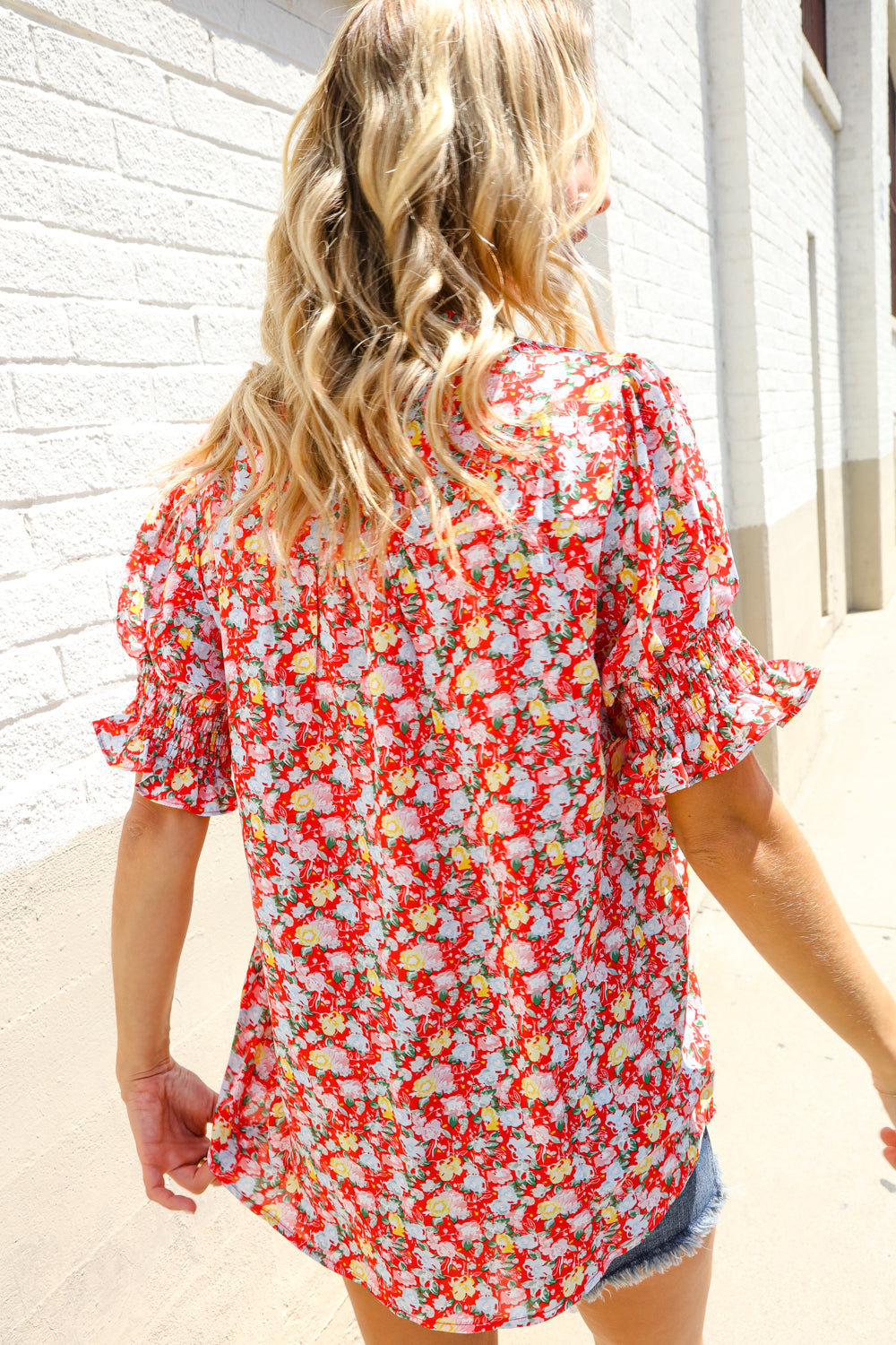 First Love Ruby Notched Neck Floral Smocked Sleeve Blouse