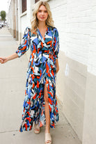 First Love Blue Tropical Print Wrap Around Tie Waist Coverup Maxi