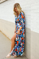 First Love Blue Tropical Print Wrap Around Tie Waist Coverup Maxi