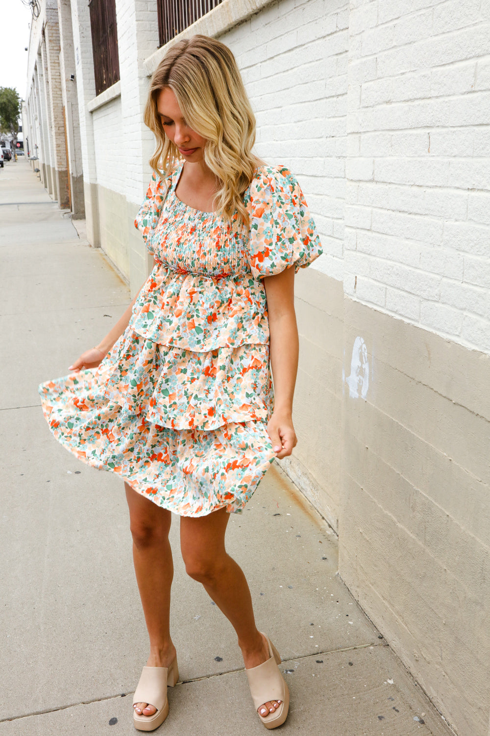First Love Floral Print Smocked Neck Puff Sleeve Ruffle Tiered Dress
