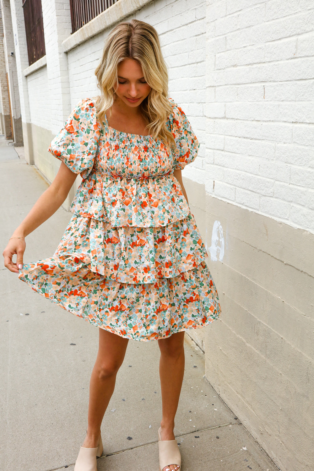 First Love Floral Print Smocked Neck Puff Sleeve Ruffle Tiered Dress