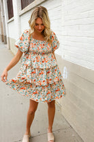First Love Floral Print Smocked Neck Puff Sleeve Ruffle Tiered Dress