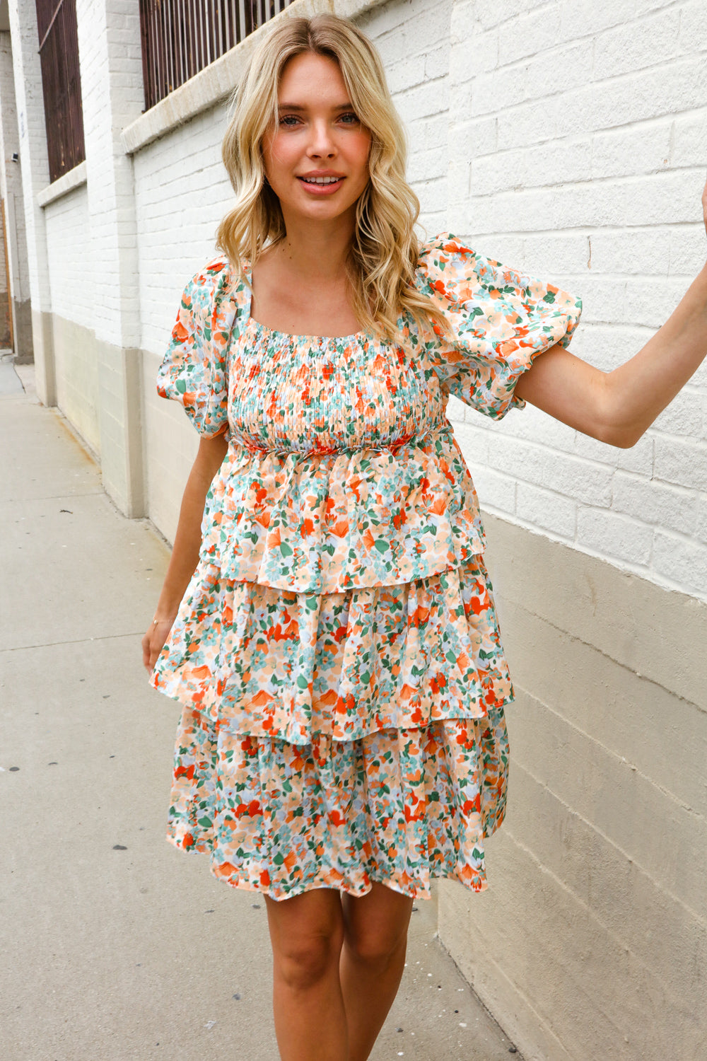 First Love Floral Print Smocked Neck Puff Sleeve Ruffle Tiered Dress