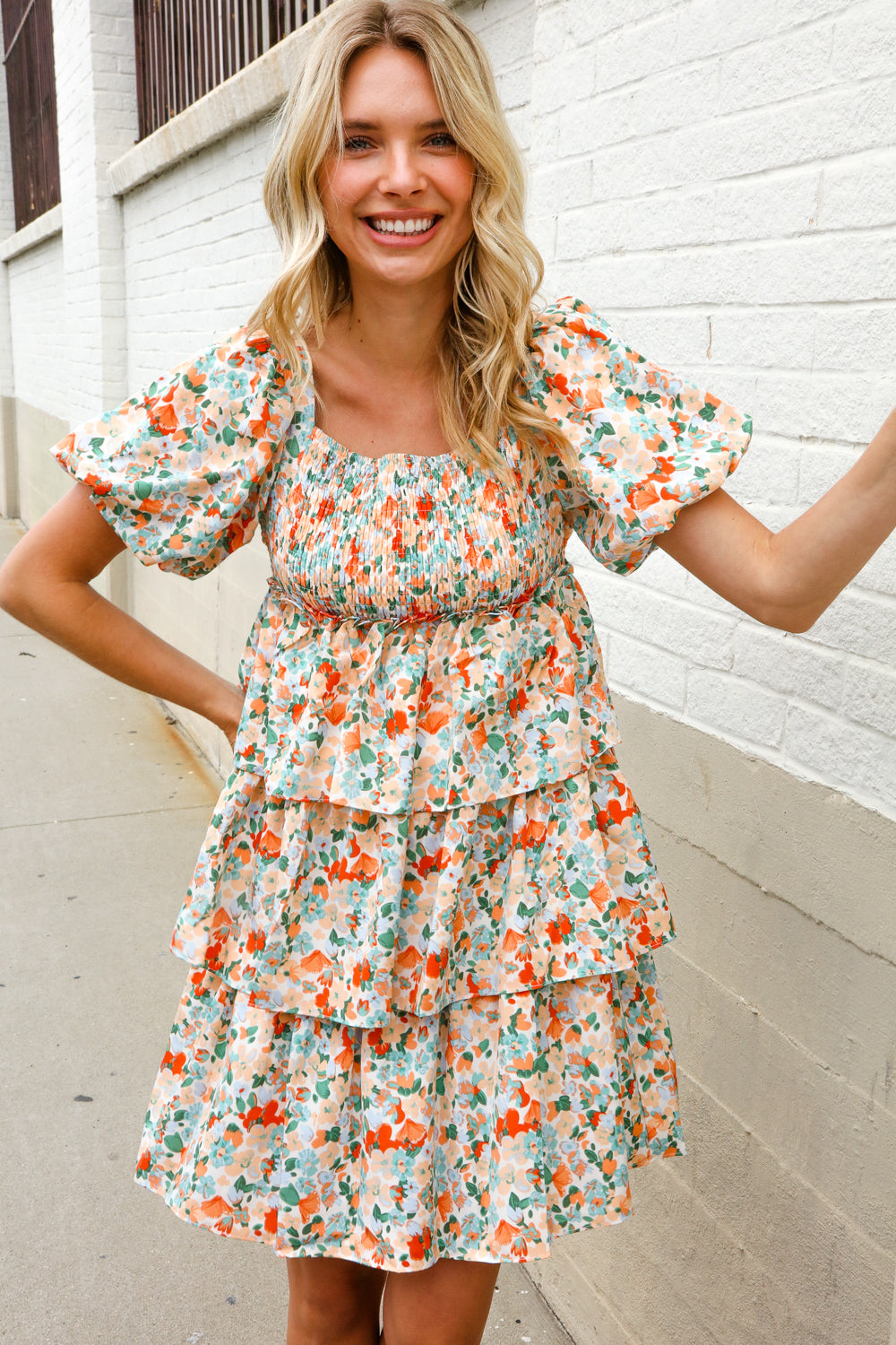 First Love Floral Print Smocked Neck Puff Sleeve Ruffle Tiered Dress