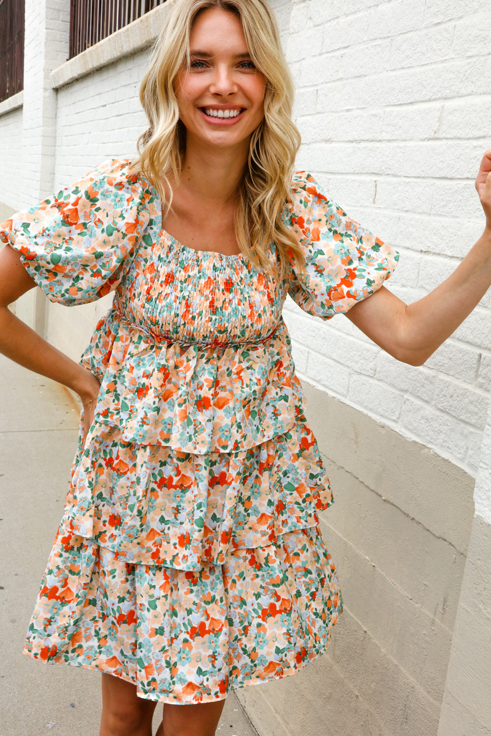 First Love Floral Print Smocked Neck Puff Sleeve Ruffle Tiered Dress