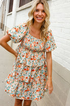 First Love Floral Print Smocked Neck Puff Sleeve Ruffle Tiered Dress