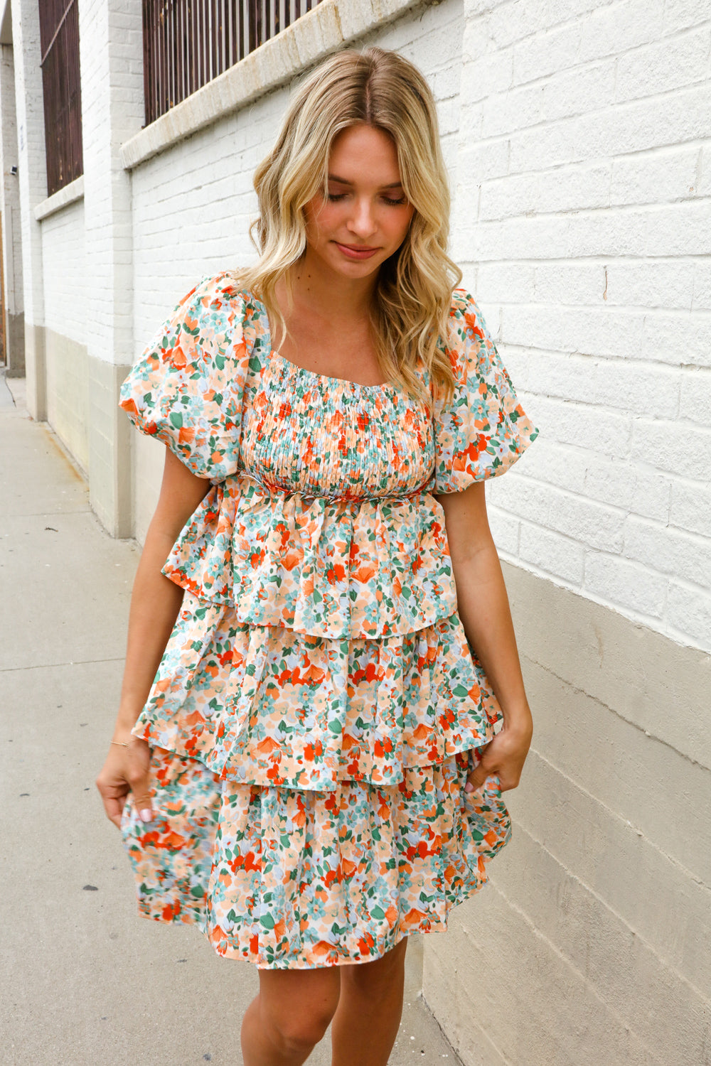 First Love Floral Print Smocked Neck Puff Sleeve Ruffle Tiered Dress