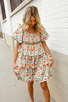 First Love Floral Print Smocked Neck Puff Sleeve Ruffle Tiered Dress