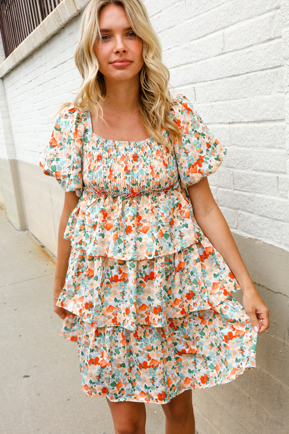 First Love Floral Print Smocked Neck Puff Sleeve Ruffle Tiered Dress