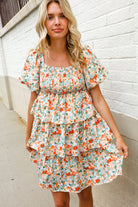 First Love Floral Print Smocked Neck Puff Sleeve Ruffle Tiered Dress