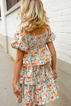 First Love Floral Print Smocked Neck Puff Sleeve Ruffle Tiered Dress