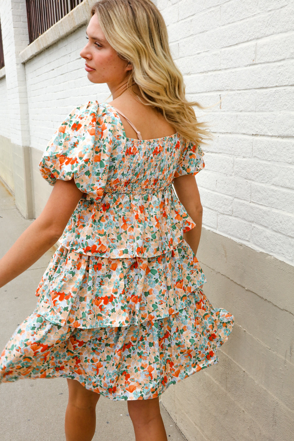 First Love Floral Print Smocked Neck Puff Sleeve Ruffle Tiered Dress