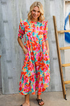 Haptics Orange & Aqua Floral Smocked Notched Neck Midi Dress