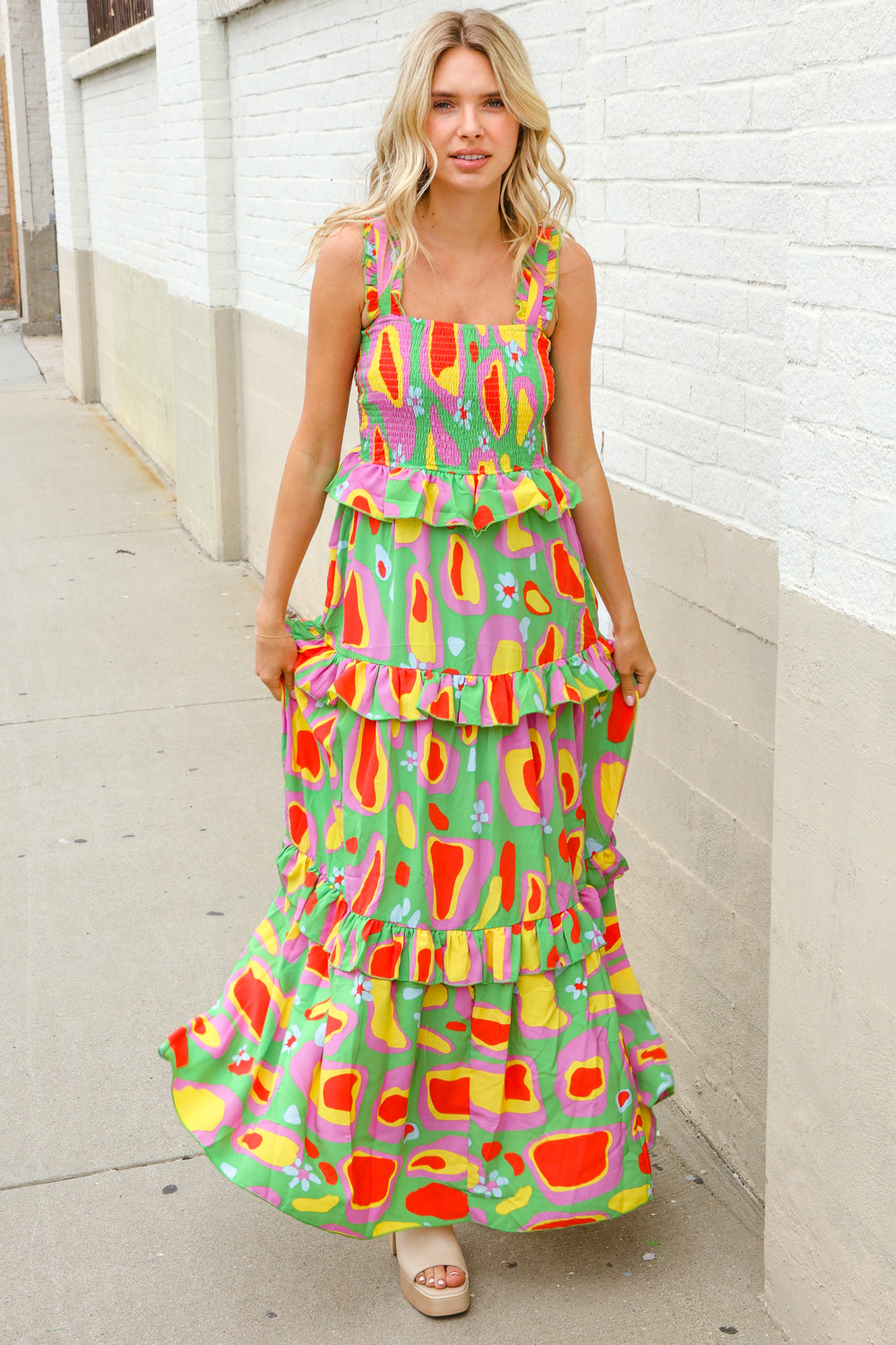 First Love Sunny Days Abstract Print Tiered Ruffle Smocked Sleeveless Maxi