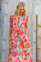 Haptics Orange & Aqua Floral Smocked Notched Neck Midi Dress
