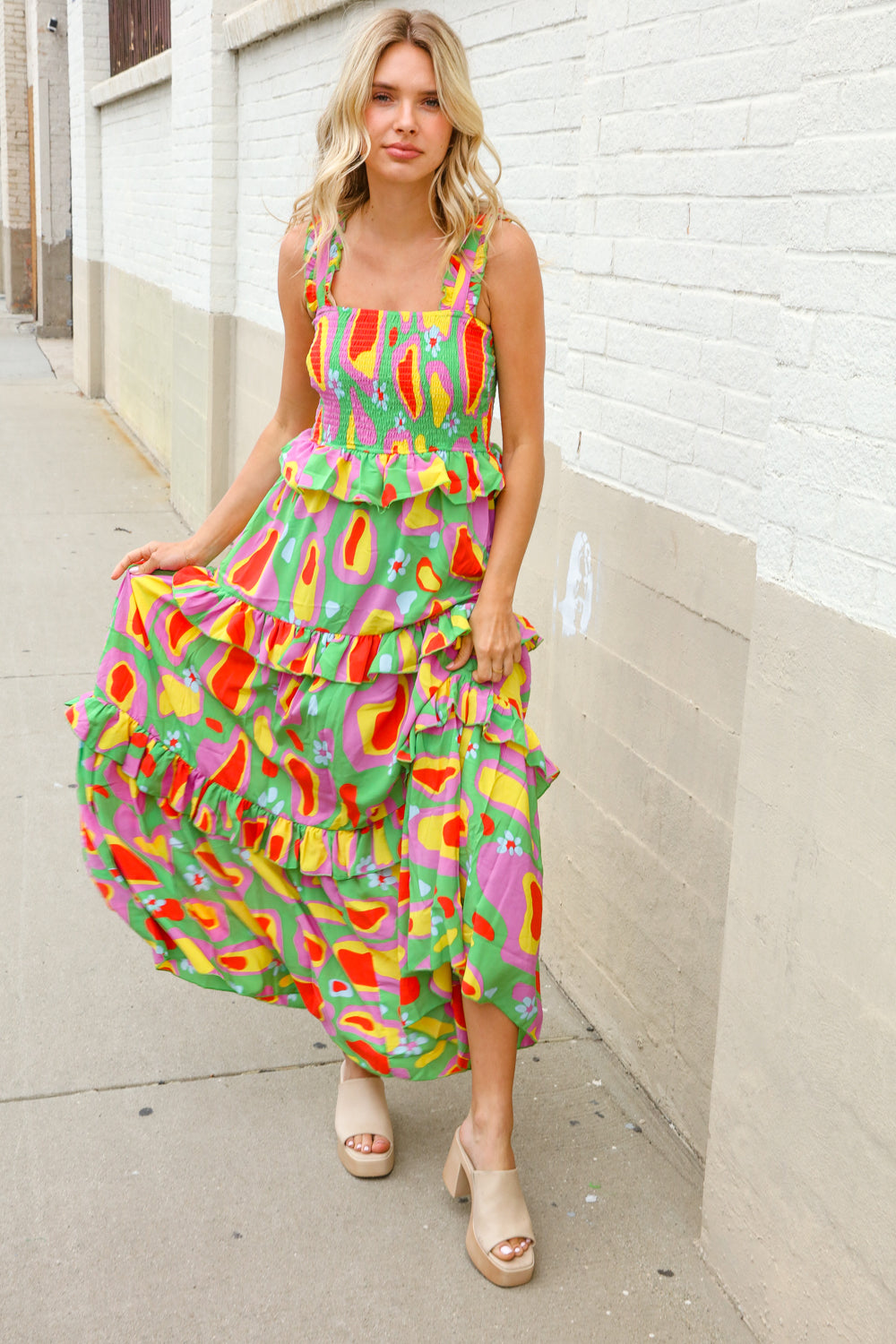 First Love Sunny Days Abstract Print Tiered Ruffle Smocked Sleeveless Maxi