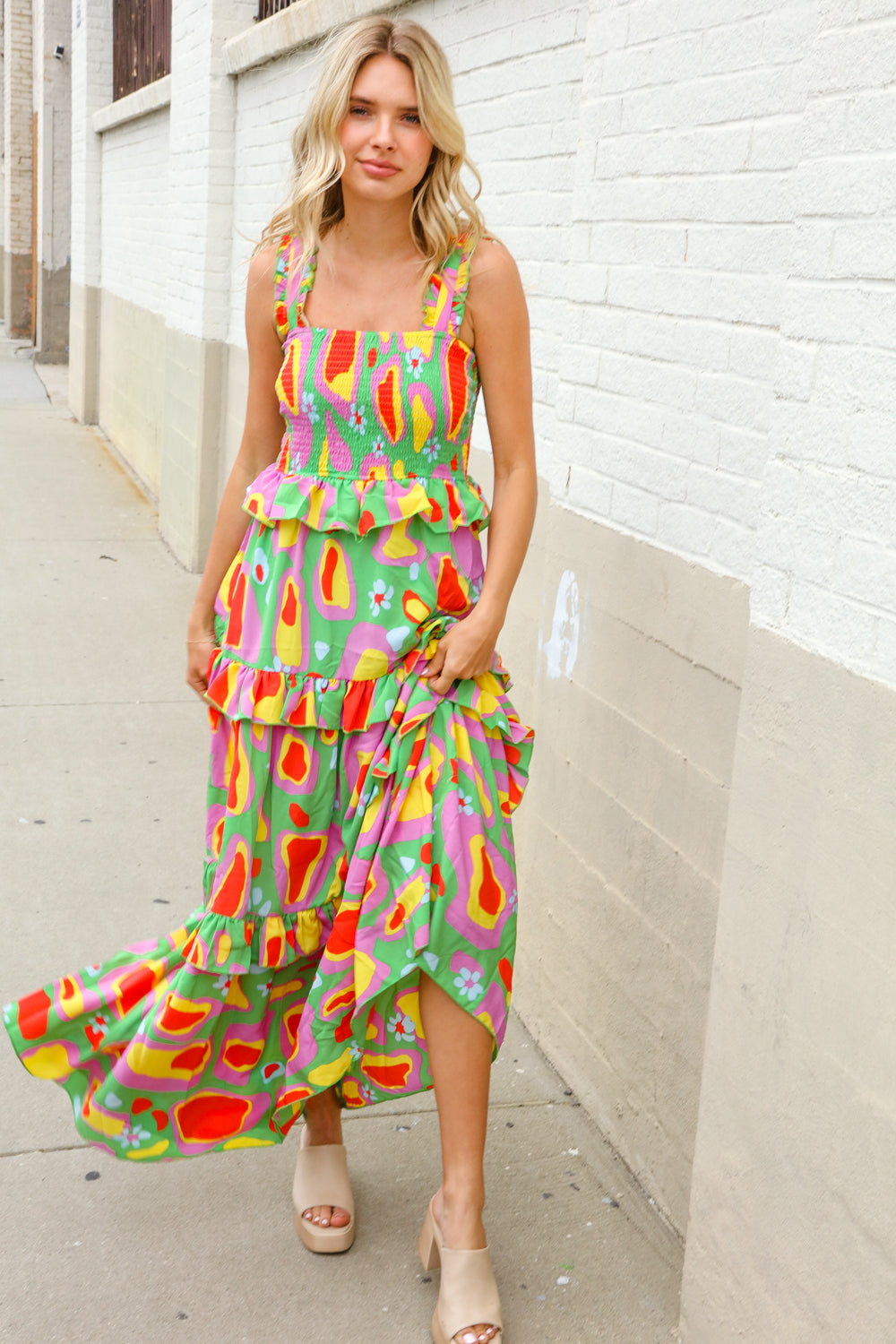 First Love Sunny Days Abstract Print Tiered Ruffle Smocked Sleeveless Maxi
