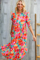 Haptics Orange & Aqua Floral Smocked Notched Neck Midi Dress