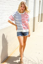 Haptics Patriotic Red & Blue Stripe Drop Shoulder Oversize Sweater Top
