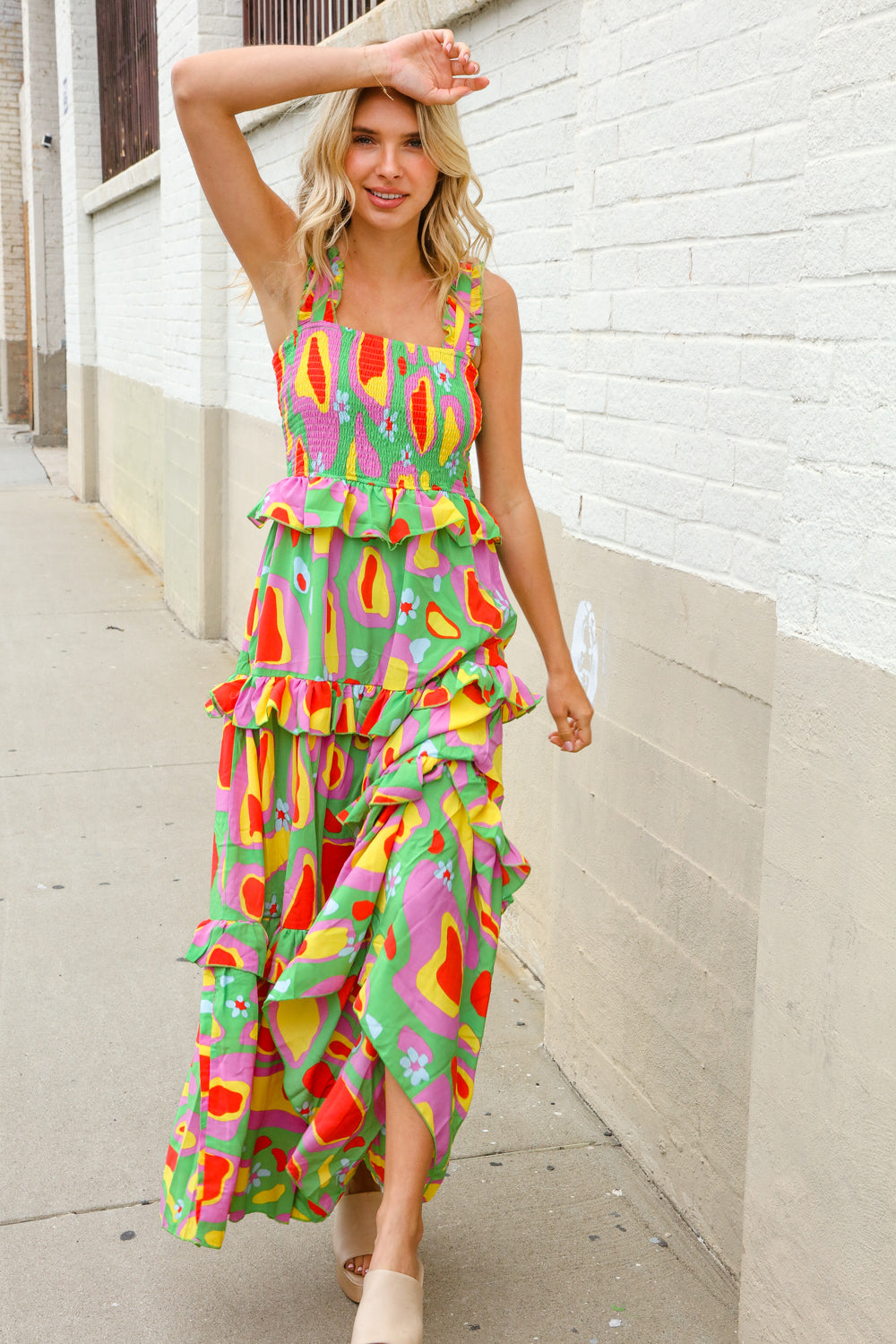 First Love Sunny Days Abstract Print Tiered Ruffle Smocked Sleeveless Maxi