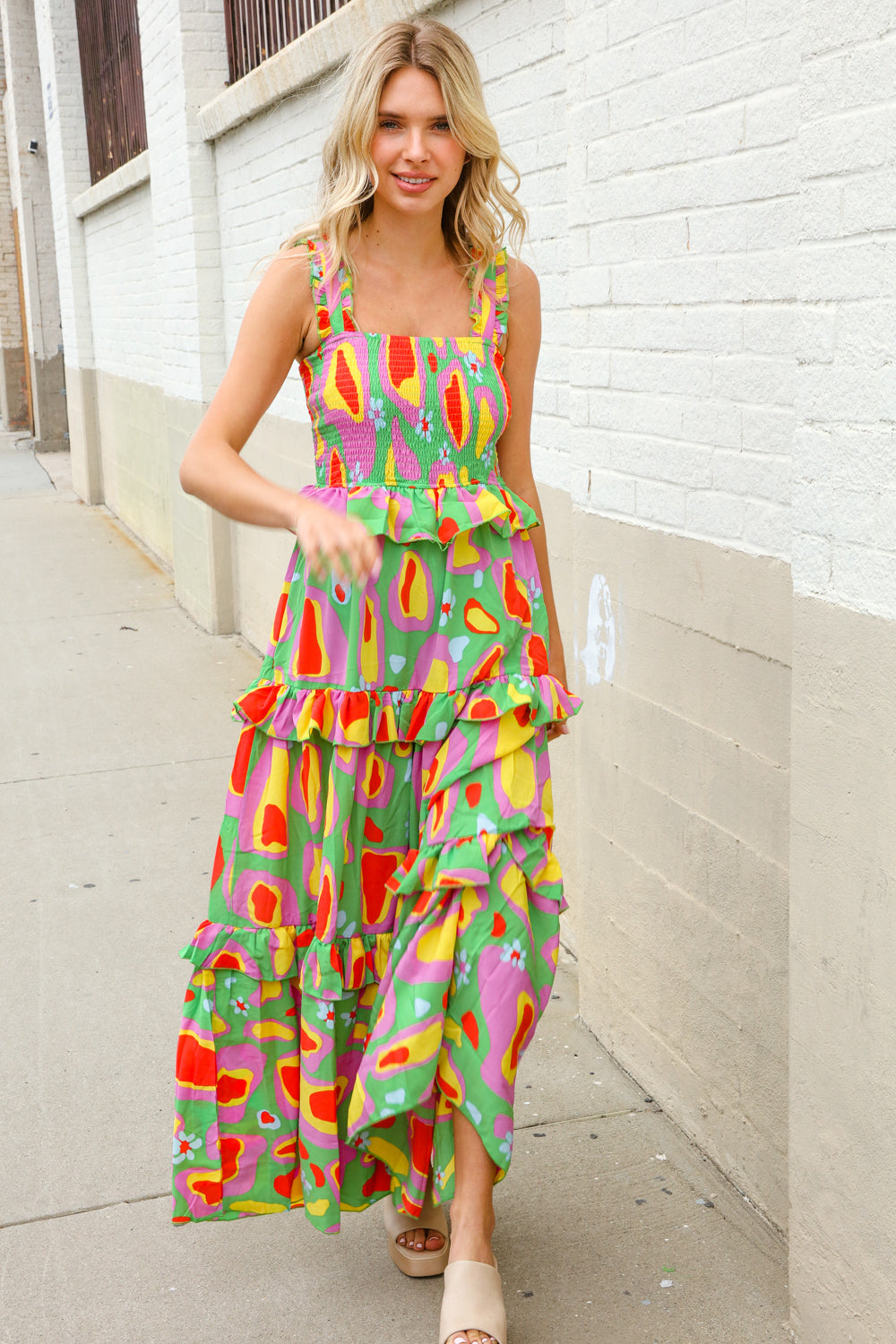First Love Sunny Days Abstract Print Tiered Ruffle Smocked Sleeveless Maxi