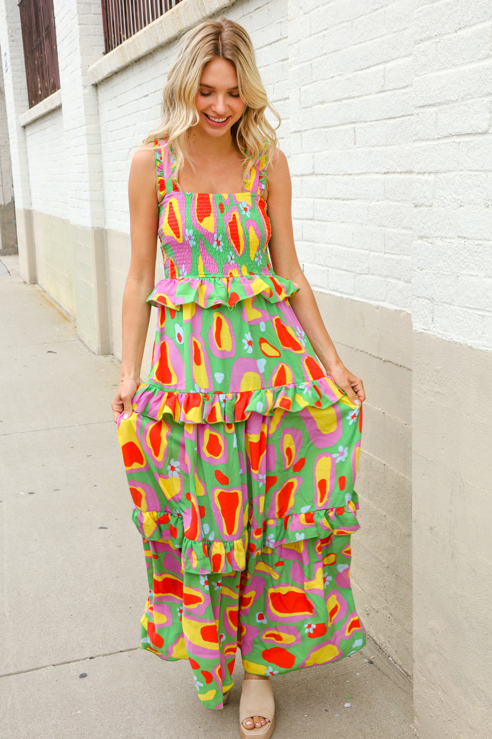 First Love Sunny Days Abstract Print Tiered Ruffle Smocked Sleeveless Maxi